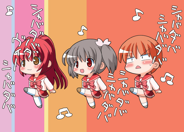kousaka tamaki, yuzuhara konomi, to heart (series), to heart 2, 00s, 1boy, 2girls, :d, black hair, blush, brown eyes, chibi, chibi only, crossdressing, dancing, leg up, multiple girls, open mouth, orange hair, pleated skirt, red eyes, red hair, red skirt, shoes, short hair, skirt, smile, socks, standing, standing on one leg, sweatdrop, thighhighs, triangle mouth