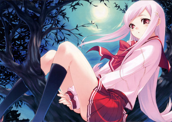 kawata hisashi, lucy maria misora, to heart (series), to heart 2, game cg, 00s, 1girl, blush, female focus, hair ornament, hairpin, long hair, moon, pink eyes, pink hair, pleated skirt, school uniform, serafuku, sitting, skirt, sky, solo