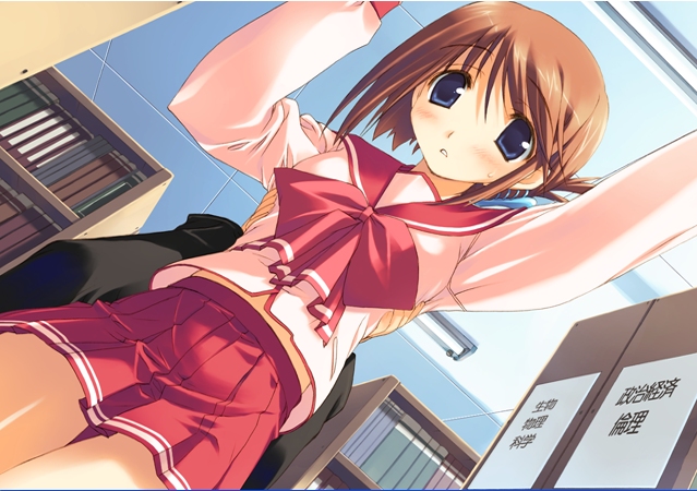 amazuyu tatsuki, mitsumi misato, komaki manaka, to heart (series), to heart 2, eyebrows, lights, game cg, 00s, 1boy, 1girl, blue hair, blush, book, bookshelf, bow, brown hair, ceiling, cowboy shot, dutch angle, embarrassed, folded ponytail, from below, grabbing from behind, hair ornament, hand up, hetero, indoors, library, long sleeves, looking at viewer, midriff peek, miniskirt, outstretched arm, parted lips, pleated skirt, red skirt, sailor collar, school uniform, serafuku, short hair, skirt, solo focus, standing, sweatdrop, thigh gap, tiles, torso grab