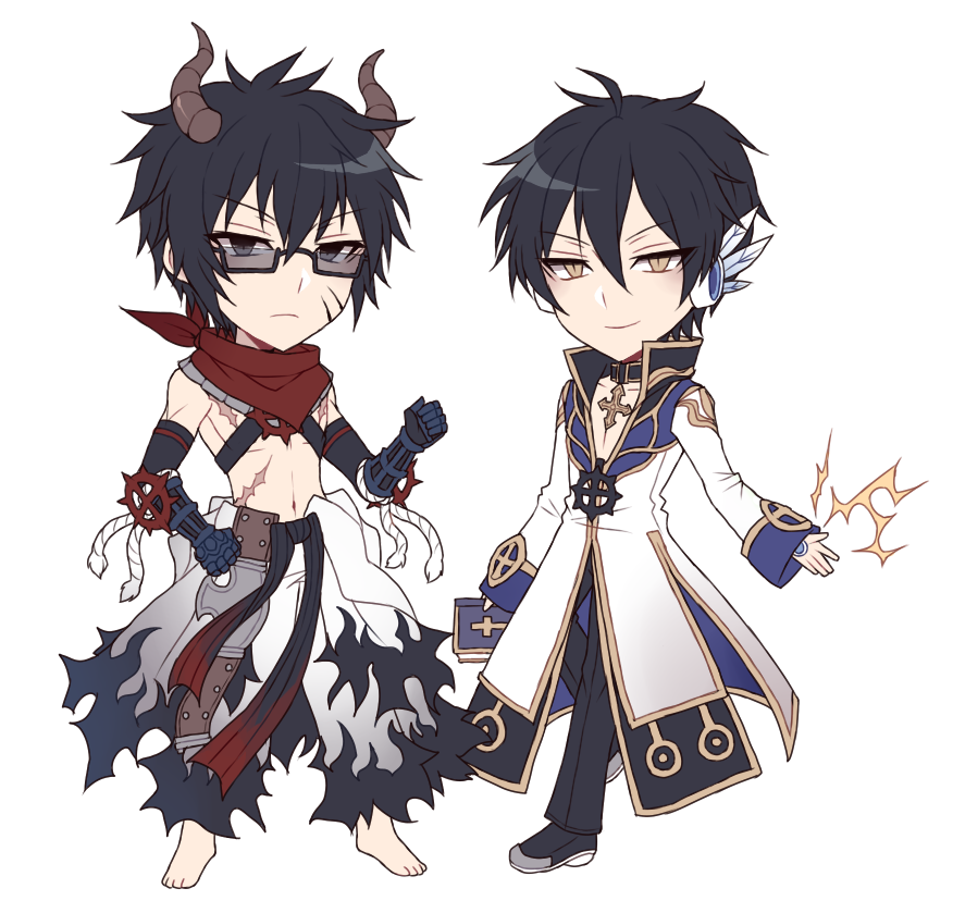 high priest (ragnarok online), sura (ragnarok online), ragnarok online, commentary, english commentary, 2boys, astrarunia, barefoot, belt, black-framed eyewear, black belt, black coat, black gloves, black hair, black shoes, blue coat, book, brown eyes, brown horns, chibi, chibi only, closed mouth, clothes around waist, coat, cross, cross necklace, cross of prontera, elbow gloves, expressionless, facial scar, flame print, full body, gauntlets, glasses, gloves, gold trim, holding, holding book, horns, jewelry, long sleeves, looking at viewer, male focus, multicolored coat, multiple boys, navel, necklace, pants, purple eyes, red scarf, robot ears, scar, scar on cheek, scar on face, scarf, shirt, shirt around waist, shoes, simple background, smile, topless male, two-tone coat, white background, white coat, white pants, white shirt