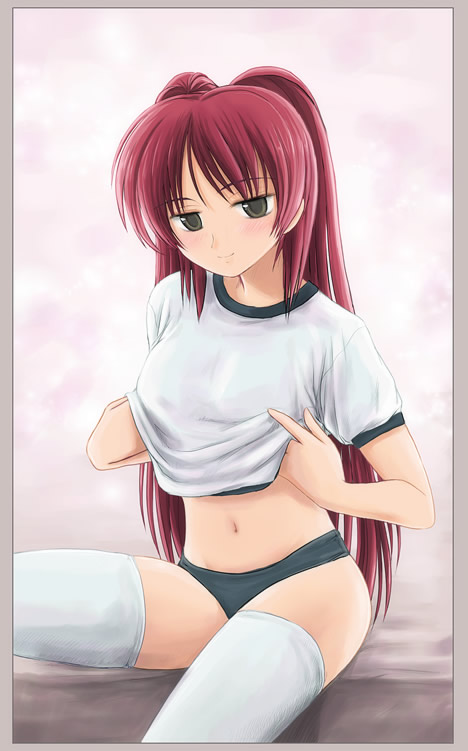 kousaka tamaki, to heart (series), to heart 2, tagme, 00s, buruma, gym shirt, gym uniform, long hair, red hair, shirt, simple background, solo, thighhighs