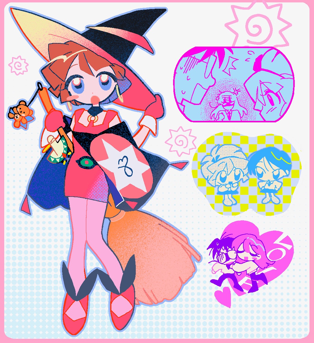 kirokuyyyy, character request, copyright request, anger vein, blue eyes, blush stickers, chibi, deformed, dress, glasses, hat, single blush sticker, witch hat