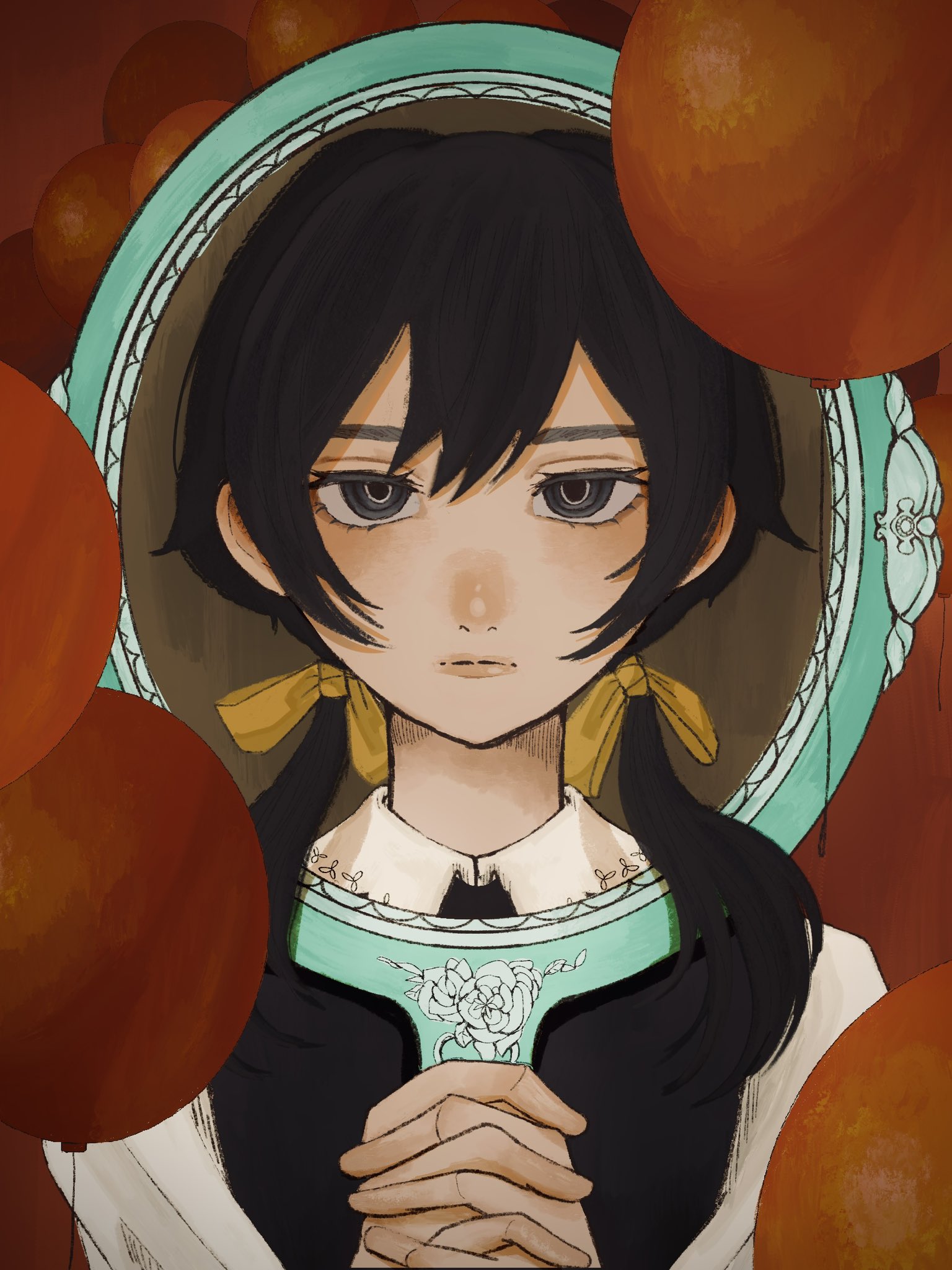 riko (iyowa), iyowa girls, highres, 1girl, balloon, black eyes, black hair, black vest, closed mouth, collared shirt, do shi, expressionless, hair ribbon, holding, holding mirror, long hair, looking at viewer, low twintails, mirror, red background, ribbon, shirt, twintails, upper body, vest, white shirt, yellow ribbon
