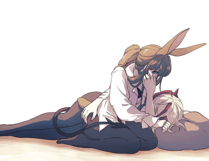 lari lab, amiya (arknights), w (arknights), arknights, commentary request, 2girls, animal ears, antennae, arm around waist, black pantyhose, blue eyes, brown hair, demon tail, hand in another's hair, jewelry, long hair, long sleeves, multiple girls, multiple rings, pantyhose, ponytail, rabbit ears, red nails, ring, scar, scar on arm, shirt, simple background, tail, white background, white hair, white shirt, yuri