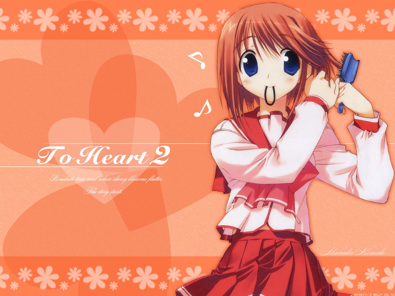 to heart (series), to heart 2, 00s, 1girl, adjusting hair, blue eyes, brushing hair, brushing own hair, copyright name, english text, female focus, hair brush, hair ribbon, heart, mouth hold, musical note, pleated skirt, quaver, red hair, red skirt, ribbon, scrunchie, short hair, skirt, solo, tying hair