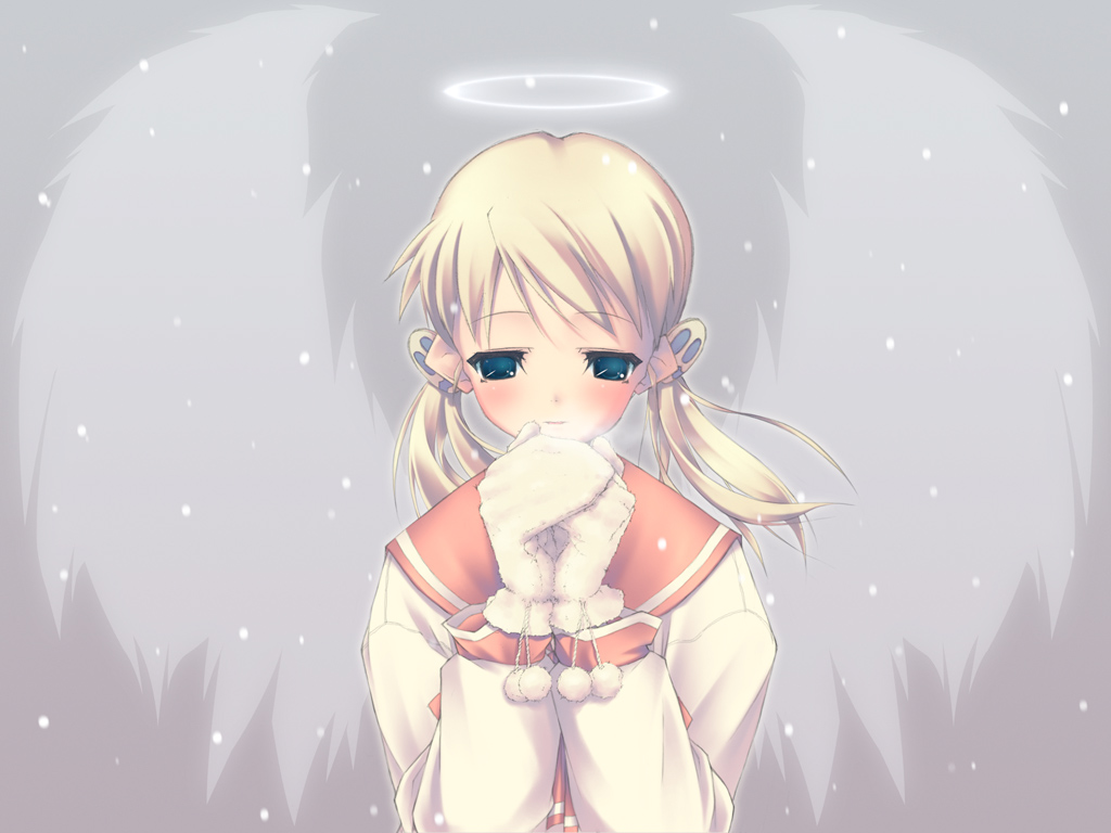 sasamori karin, to heart (series), to heart 2, 00s, 1girl, blonde hair, blue eyes, breath, female focus, gloves, half-closed eyes, halo, long sleeves, pom pom (clothes), sailor collar, school uniform, serafuku, solo, traditional halo, upper body, wings