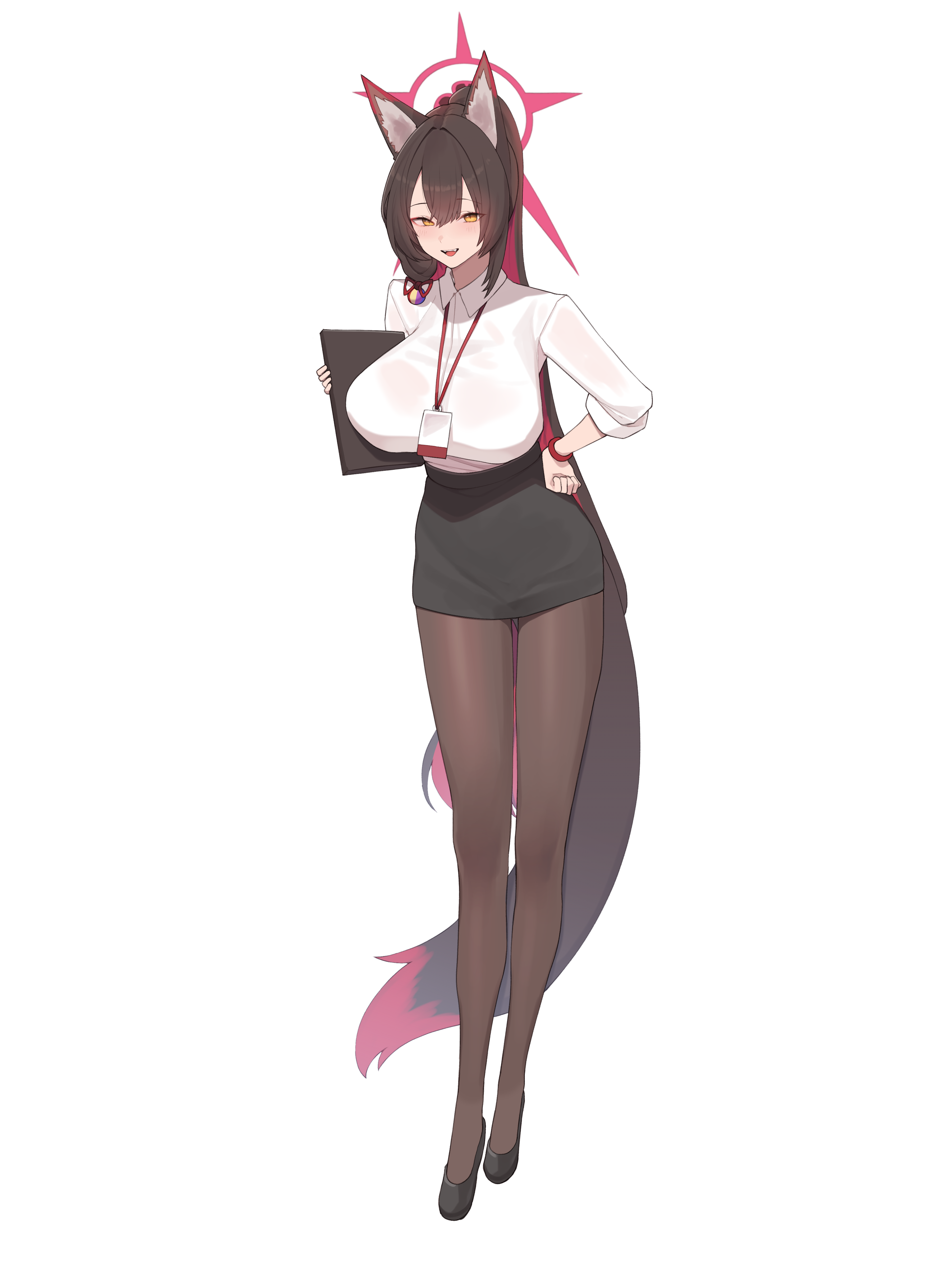 kurowanjjyang, wakamo (blue archive), blue archive, absurdres, highres, 1girl, alternate costume, animal ear fluff, animal ears, black hair, black pantyhose, black shoes, black skirt, book, breasts, colored inner hair, fox ears, fox girl, fox tail, hair between eyes, halo, hand on own hip, holding, holding book, id card, large breasts, long hair, looking at viewer, multicolored hair, pantyhose, red hair, red halo, see-through clothes, see-through shirt, shirt, shoes, sidelocks, skirt, solo, tail, two-tone hair, white shirt, yellow eyes