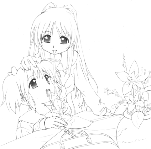kousaka tamaki, yuzuhara konomi, to heart (series), to heart 2, lowres, 00s, 2girls, bag, cum, disembodied penis, fellatio, greyscale, hand on another's head, headpat, hetero, lineart, long hair, monochrome, multiple girls, open mouth, oral, penis, plant, school uniform, serafuku, twintails, uncensored