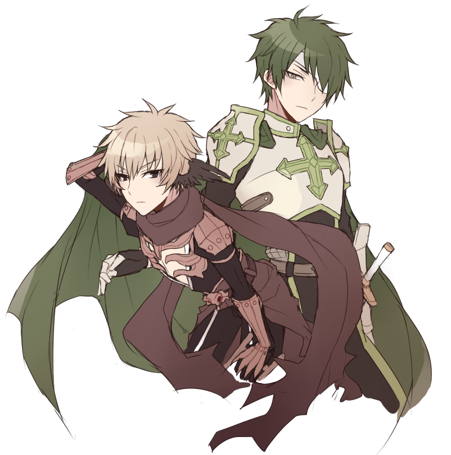 assassin cross (ragnarok online), lord knight (ragnarok online), ragnarok online, commentary, english commentary, 2boys, alternate color, armor, astrarunia, black eyes, black pants, black shirt, black tabard, black wings, breastplate, brown cape, brown hair, brown scarf, cape, closed mouth, cowboy shot, cross, expressionless, eyepatch, feathered wings, green cape, green hair, grey eyes, hair over one eye, head wings, looking at viewer, male focus, medical eyepatch, multiple boys, pants, pauldrons, scarf, shirt, short hair, shoulder armor, simple background, tabard, vambraces, waist cape, white background, wings