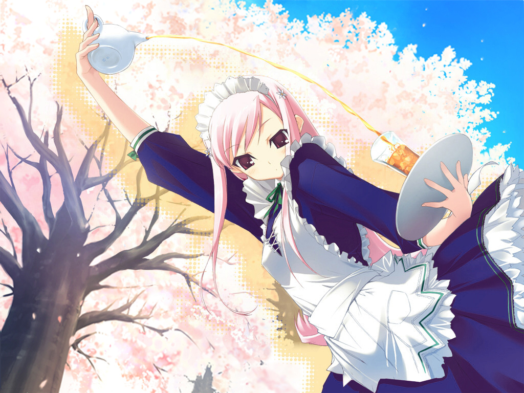 kawata hisashi, lucy maria misora, to heart (series), to heart 2, 00s, 1girl, apron, blush, cherry blossoms, decantering, dutch angle, female focus, glass, hair ornament, hairpin, long hair, maid, maid apron, pink eyes, pink hair, pouring, solo, tray