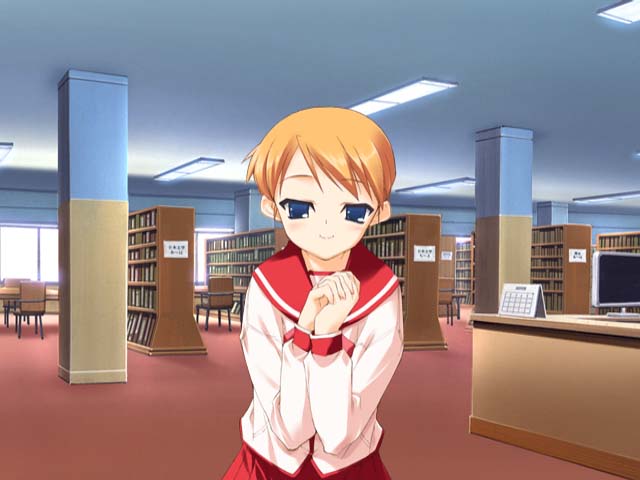 kawata hisashi, sasamori karin, to heart (series), to heart 2, game cg, third-party edit, 00s, 1girl, alternate hairstyle, blonde hair, blue eyes, female focus, library, school uniform, serafuku, short hair, solo
