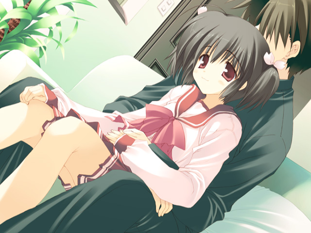 mitsumi misato, kouno takaaki, yuzuhara konomi, to heart (series), to heart 2, game cg, 00s, 1boy, 1girl, :3, ahoge, between legs, black hair, black pants, black shirt, bow, bowtie, brown hair, closed mouth, couch, couple, door, dutch angle, faceless, faceless male, from side, gakuran, hair between eyes, hair over eyes, hair ribbon, hand on own knee, happy, hetero, hug, indoors, light smile, long sleeves, looking at viewer, on couch, on lap, pants, pillow, pink bow, plant, pleated skirt, potted plant, red eyes, red skirt, ribbon, school uniform, serafuku, shirt, short hair, short twintails, sitting, skirt, sleeves past wrists, smile, solo focus, twintails, two side up, white ribbon, white shirt