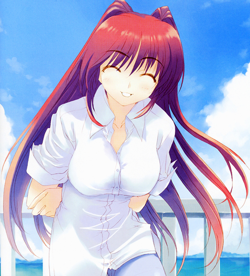 amazuyu tatsuki, kousaka tamaki, to heart (series), to heart 2, 00s, 1girl, ^ ^, arms behind back, breasts, closed eyes, dress shirt, female focus, large breasts, leaning forward, long hair, red hair, shirt, sleeves pushed up, sleeves rolled up, smile, solo, very long hair