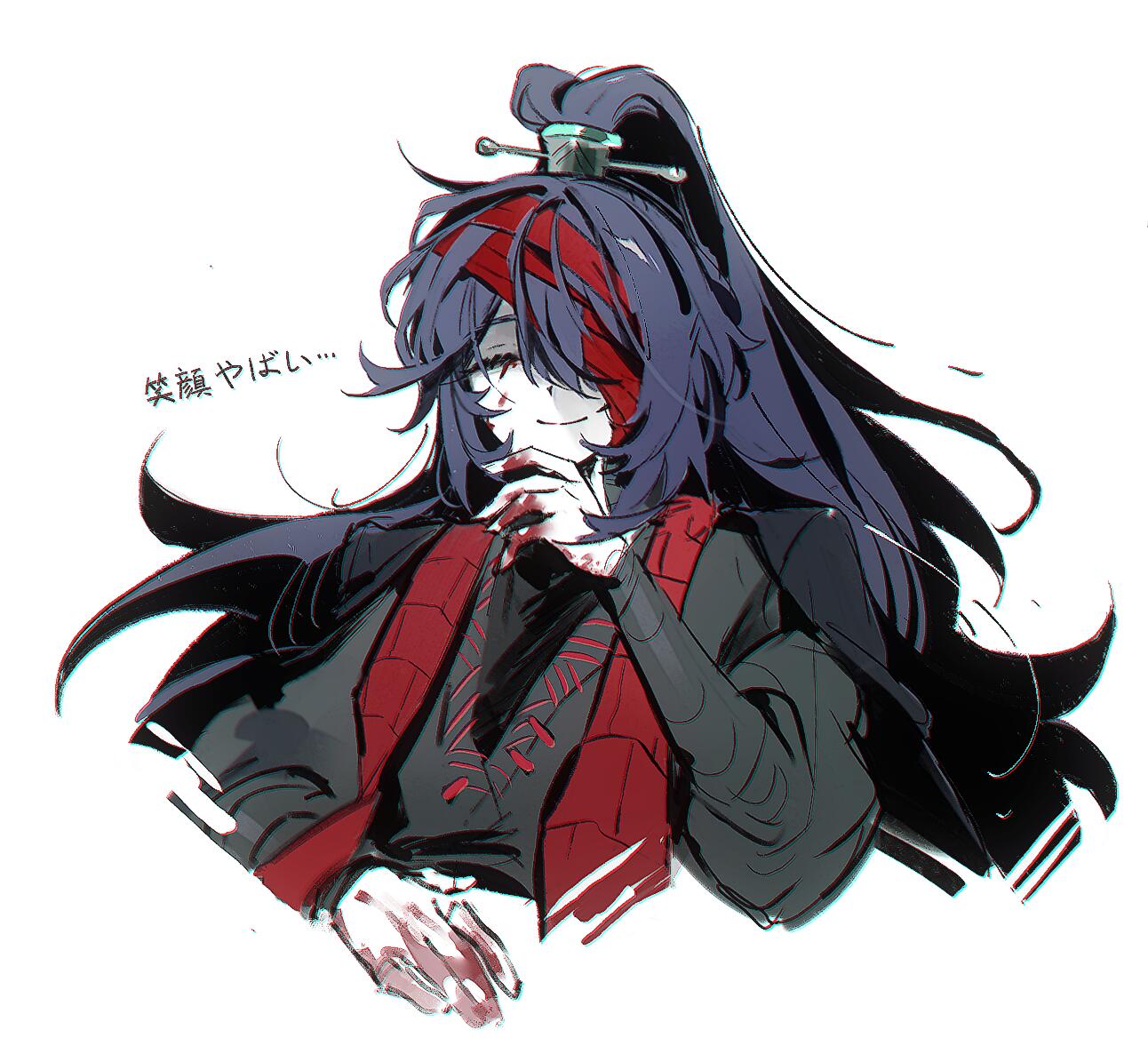 hong lu (project moon), limbus company, project moon, 1boy, 66167e3d, bandage over one eye, black hair, black hanfu, blood, blood on hands, chinese clothes, closed eyes, family hierarch candidate (identity) (project moon), hanfu, high ponytail, long hair, looking at viewer, male focus, ponytail, red ribbon, red scarf, ribbon, scarf, simple background, solo, upper body, white background