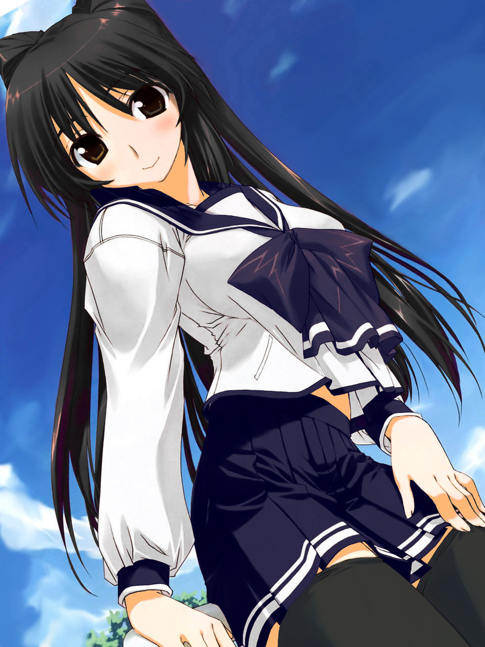 amazuyu tatsuki, kousaka tamaki, to heart (series), to heart 2, highres, official art, third-party edit, 00s, 1girl, alternate color, alternate eye color, alternate hair color, arm at side, arm support, black eyes, black hair, black thighhighs, blue bow, blue skirt, blush, bow, breasts, brown eyes, closed mouth, cloud, cowboy shot, crop top, crop top overhang, day, female focus, from side, hand on own thigh, heterochromia, large breasts, legs together, light smile, long hair, long sleeves, looking at viewer, midriff peek, miniskirt, outdoors, parted bangs, pleated skirt, pocket, railing, school uniform, serafuku, shirt, skirt, sky, smile, solo, standing, straight hair, thighhighs, tree, two side up, very long hair, white shirt, zettai ryouiki