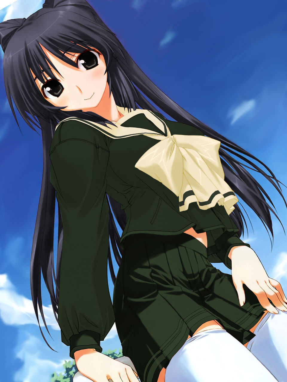 amazuyu tatsuki, kousaka tamaki, maria-sama ga miteru, to heart (series), to heart 2, highres, official art, third-party edit, 00s, 1girl, alternate color, alternate eye color, alternate hair color, arm at side, arm support, black eyes, black hair, black serafuku, black shirt, black skirt, blush, bow, breasts, closed mouth, cloud, cowboy shot, crop top, crop top overhang, day, female focus, from side, hand on own thigh, large breasts, legs together, light smile, long hair, long sleeves, looking at viewer, midriff peek, miniskirt, outdoors, parted bangs, pleated skirt, pocket, railing, school uniform, serafuku, shirt, skirt, sky, smile, solo, standing, straight hair, thighhighs, tree, two side up, very long hair, white thighhighs, yellow bow, zettai ryouiki