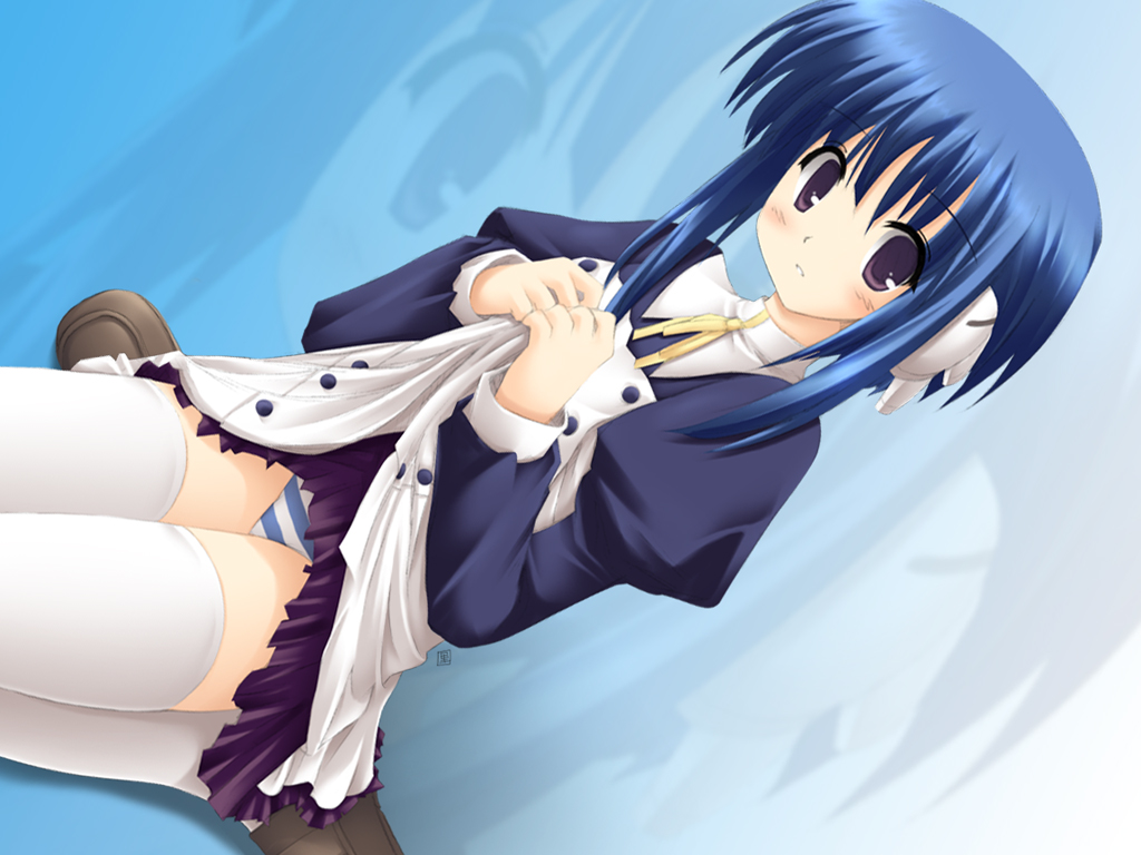 ilfa (to heart), to heart (series), to heart 2, 00s, 1girl, blouse, blue eyes, blue hair, blue panties, blush, clothes lift, dutch angle, female focus, kneeling, lifting own clothes, matching hair/eyes, miniskirt, panties, ribbon, robot ears, seiza, shirt, short hair with long locks, sitting, skirt, skirt lift, solo, striped clothes, striped panties, thighhighs, underwear, wariza, white thighhighs, zoom layer