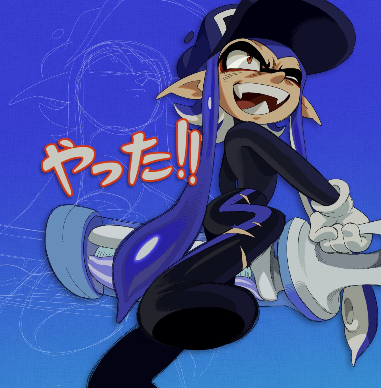 nintendo, splatoon (series), highres, 1950s (style), fangs, hat, inkling, one eye closed, open mouth, pointy ears, roachgore, solo, suction cups, teeth, tentacle hair