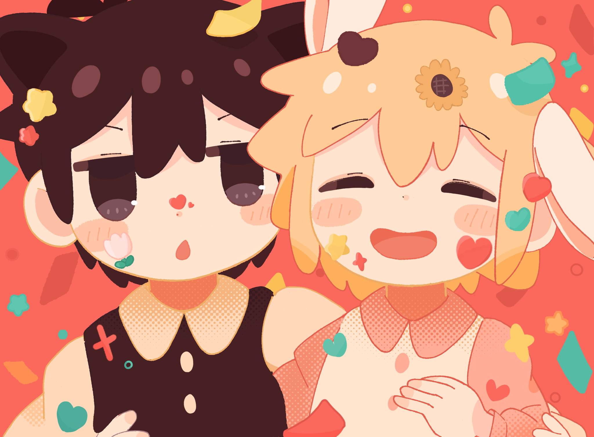hishimatope, basil (faraway) (omori), basil (omori), sunny (omori), omori, highres, 2boys, alternate costume, animal ears, black eyes, black hair, black sweater vest, blonde hair, blush, cat boy, cat ears, closed eyes, collared shirt, double-parted bangs, kemonomimi mode, long sleeves, multiple boys, open mouth, rabbit boy, rabbit ears, shirt, short hair, short sleeves, sweater vest