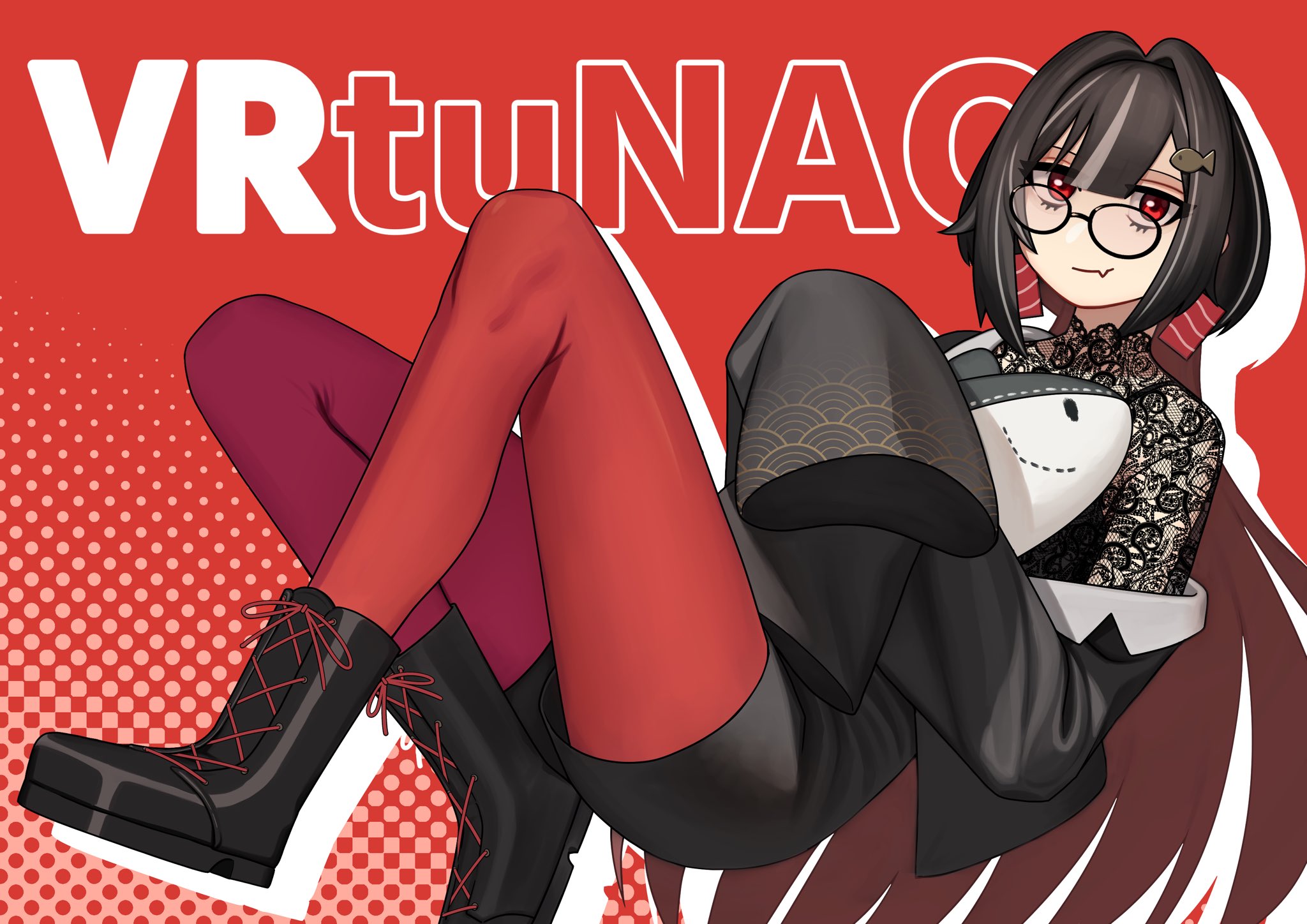 tunao, commentary request, copyright request, highres, 1girl, black-framed eyewear, black boots, black hair, black jacket, black shirt, black shorts, boots, closed mouth, drop shadow, fang, fang out, fish hair ornament, glasses, grey hair, hair intakes, hair ornament, halftone, halftone background, jacket, lace-up boots, lace shirt, long hair, long sleeves, looking at viewer, multicolored hair, off shoulder, pantyhose, pantyhose under shorts, red background, red eyes, red hair, red pantyhose, shirt, short shorts, shorts, sleeves past fingers, sleeves past wrists, smile, solo, streaked hair, stuffed animal, stuffed fish, stuffed toy, two-tone hair, very long hair, virtual youtuber, wide sleeves