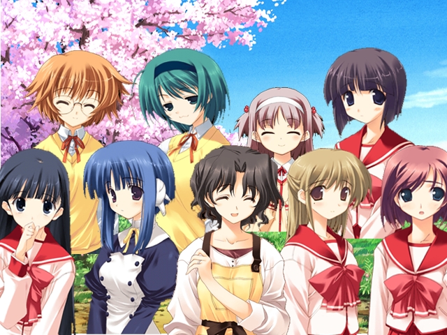 amazuyu tatsuki, ilfa (to heart), kaoruko (to heart 2), kasumi (to heart 2), kusakabe yuuki (to heart 2), nanako (to heart 2), reona (to heart 2), yamada michiru, yoshioka chie, yuzuhara haruka, to heart (series), to heart 2, 00s, 6+girls, apron, bow, closed eyes, everyone, glasses, long hair, multiple girls, open mouth, robot, robot ears, school uniform, serafuku, short hair, sweater vest, twintails