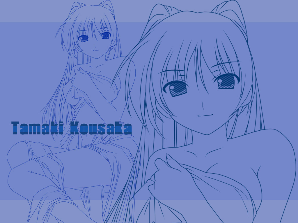 kousaka tamaki, to heart (series), to heart 2, 00s, 1girl, bed sheet, blue theme, character name, collarbone, female focus, hair between eyes, looking at viewer, monochrome, naked sheet, navel, smile, solo, zoom layer
