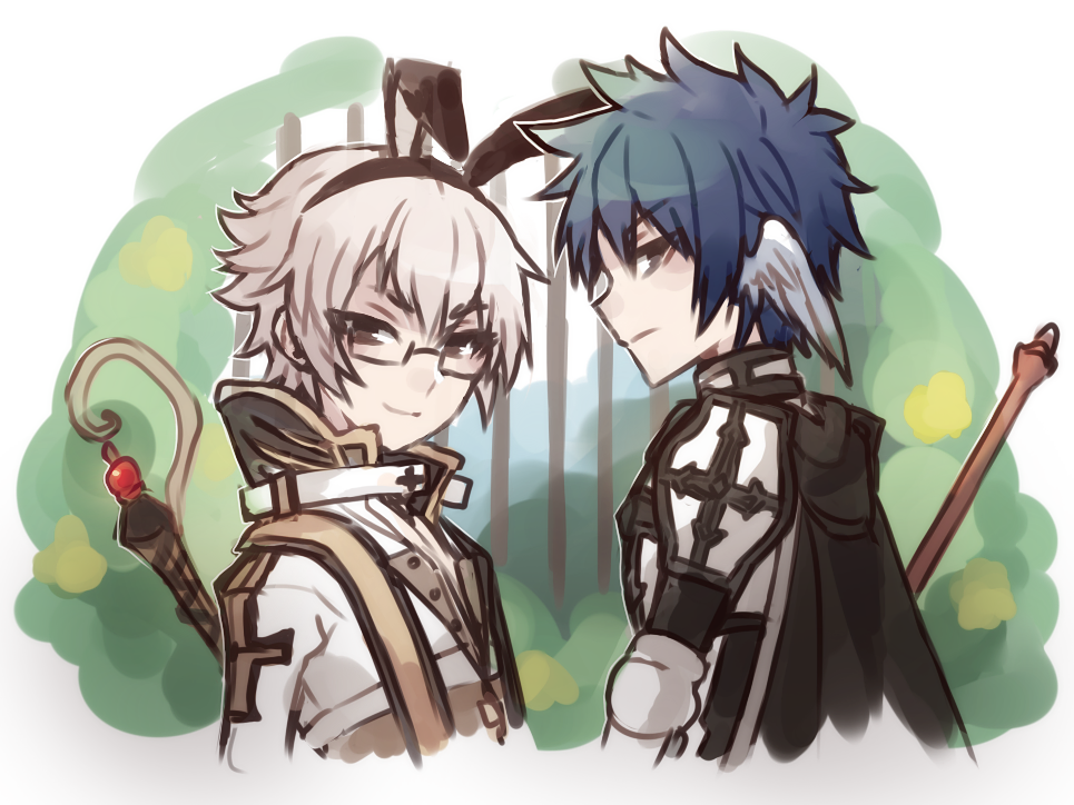 arch bishop (ragnarok online), lord knight (ragnarok online), ragnarok online, commentary, english commentary, 2boys, animal ears, armor, astrarunia, black-framed eyewear, black cape, black eyes, blue hair, cape, closed mouth, cross, fake animal ears, feathered wings, glasses, green background, grey eyes, grey hair, head wings, jacket, looking at viewer, male focus, multiple boys, pauldrons, rabbit ears, short hair, shoulder armor, smile, upper body, white jacket, white wings, wings
