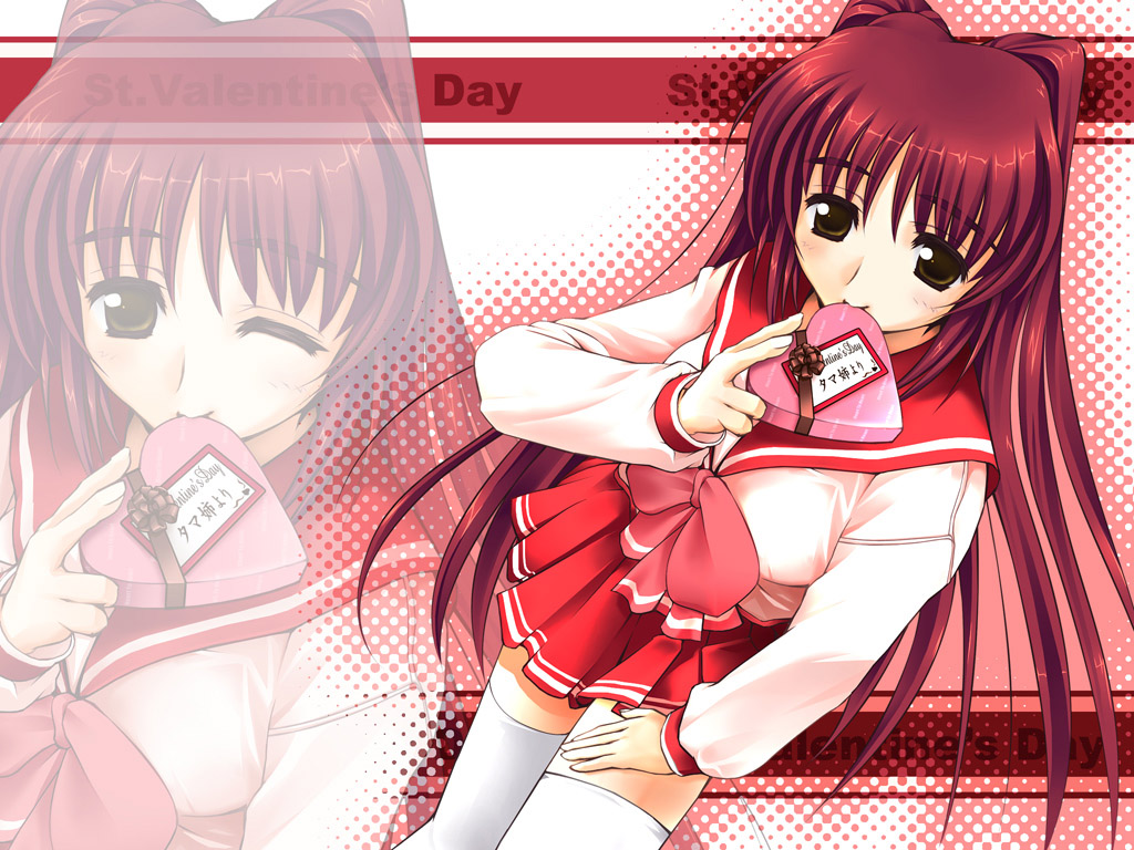 kousaka tamaki, to heart (series), to heart 2, 00s, 1girl, candy, chocolate, chocolate heart, female focus, food, heart, mouth hold, red background, school uniform, serafuku, solo, thighhighs, valentine, zoom layer