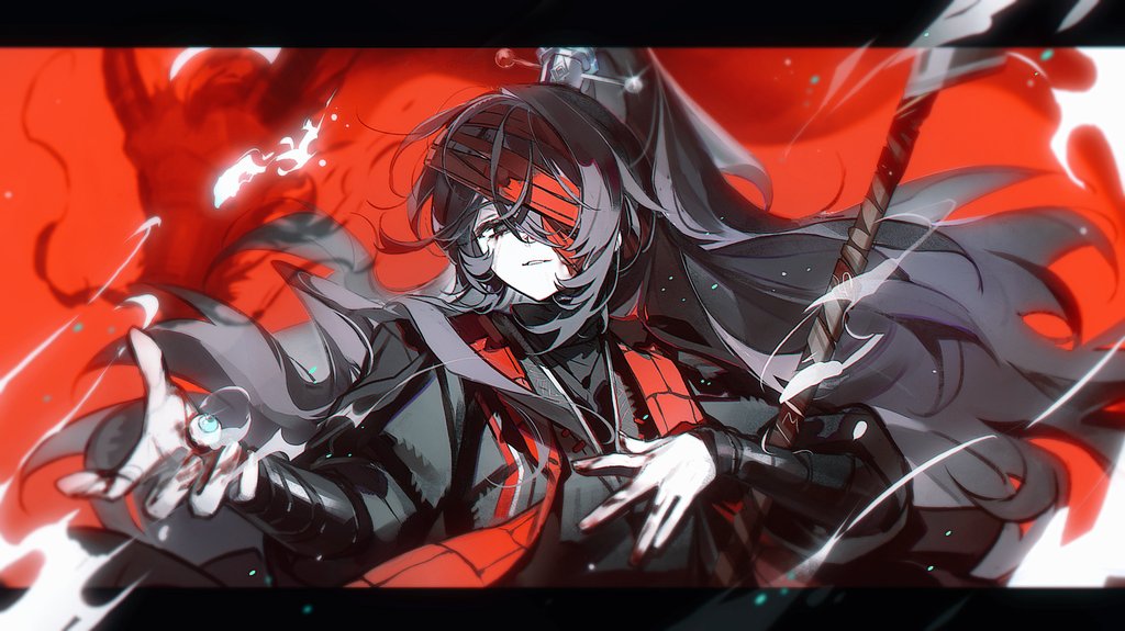 hong lu (project moon), limbus company, project moon, 1boy, 66167e3d, arm wrap, bandage over one eye, black border, black eyes, black hair, black hanfu, blood, blood on hands, border, chinese clothes, disembodied eye, family hierarch candidate (identity) (project moon), hanfu, high ponytail, long hair, looking at viewer, male focus, ponytail, red background, red ribbon, red scarf, ribbon, scarf, simple background, solo, upper body