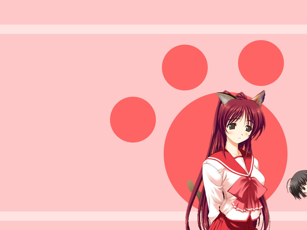 kousaka tamaki, yuzuhara konomi, to heart (series), to heart 2, 00s, 2girls, ahoge, animal ears, black hair, blush, brown eyes, cat ears, long hair, multiple girls, parted lips, paw print, peeking out, pink background, pleated skirt, red hair, school uniform, serafuku, shirt, skirt