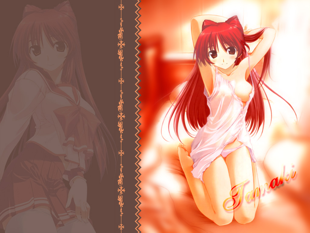 kousaka tamaki, to heart (series), to heart 2, 00s, 1girl, adjusting hair, armpits, arms up, barefoot, blush, breasts, camisole, kneeling, long hair, looking at viewer, multiple views, on bed, panties, pink panties, red eyes, red hair, smile, sunlight, tying hair, underwear, very long hair