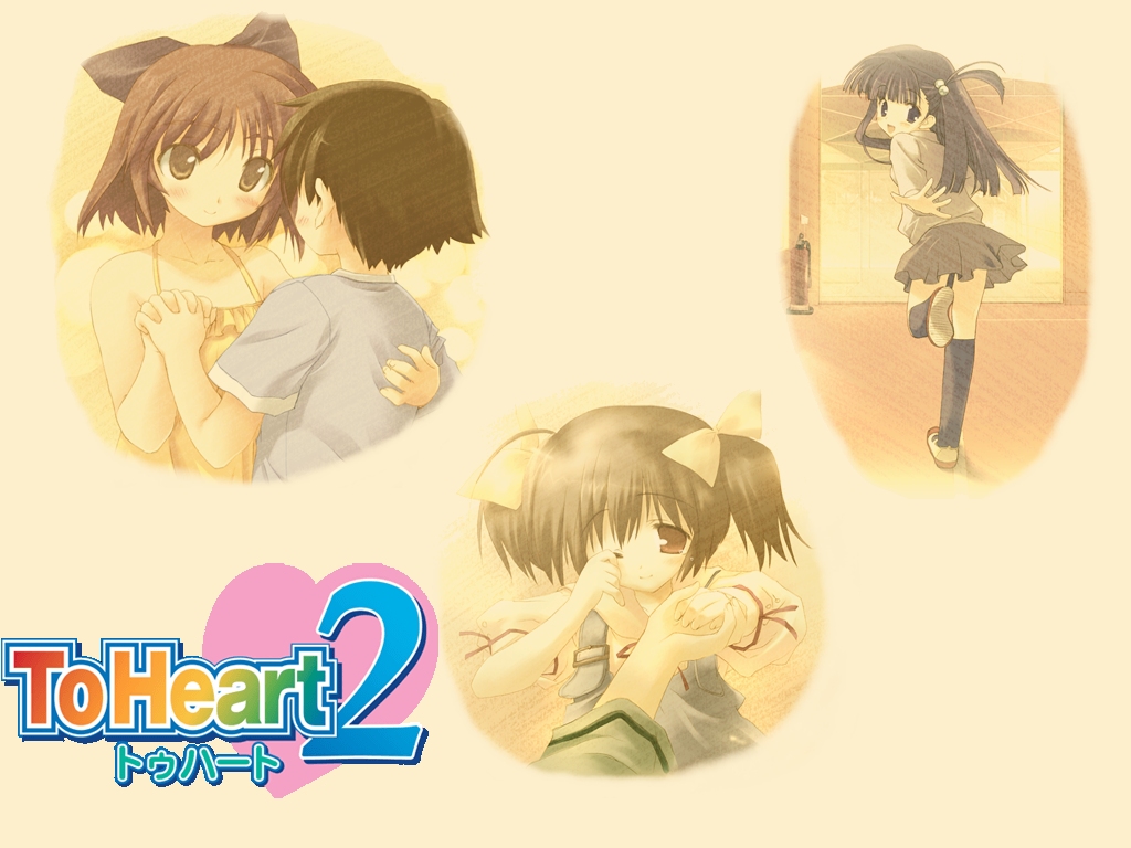 kousaka tamaki, to heart (series), to heart 2, 00s, 1boy, 3girls, :d, black eyes, black hair, blue hair, blue shirt, brown eyes, brown hair, camisole, couple, fire extinguisher, hair ribbon, holding hands, hug, long sleeves, looking at another, looking at viewer, multiple girls, one eye closed, open mouth, red eyes, ribbon, rubbing eyes, running, shirt, simple background, smile, two side up, yellow background