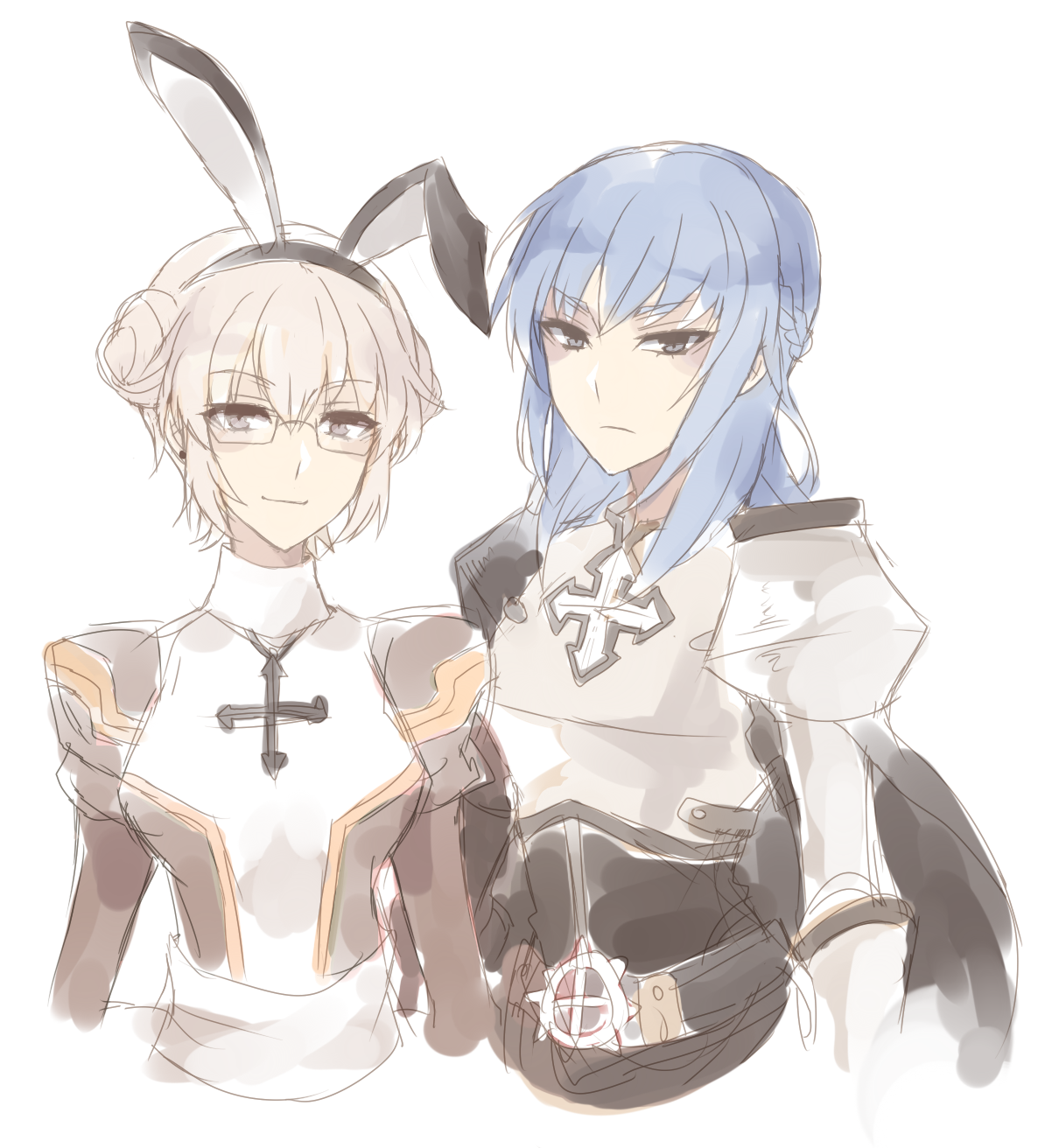 high priest (ragnarok online), lord knight (ragnarok online), ragnarok online, commentary, english commentary, highres, 2girls, armor, astrarunia, black-framed eyewear, black cape, blue hair, braid, breastplate, brown dress, cape, closed mouth, cross of prontera, double bun, dress, frown, glasses, grey eyes, grey hair, hair bun, half up braid, juliet sleeves, long hair, long sleeves, looking at viewer, multiple girls, pauldrons, puffy sleeves, sash, short hair, shoulder armor, simple background, smile, two-tone dress, upper body, white background, white dress, white sash