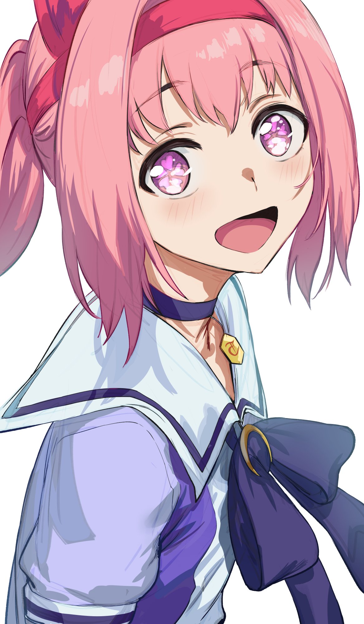 hews, haru urara (umamusume), umamusume, highres, 1girl, :d, bow, bowtie, choker, flower-shaped pupils, flower in eye, headband, looking at viewer, open mouth, pink hair, purple bow, purple bowtie, purple choker, purple serafuku, red headband, sailor collar, school uniform, serafuku, short sleeves, simple background, smile, solo, summer uniform, symbol-shaped pupils, symbol in eye, tracen school uniform, white background