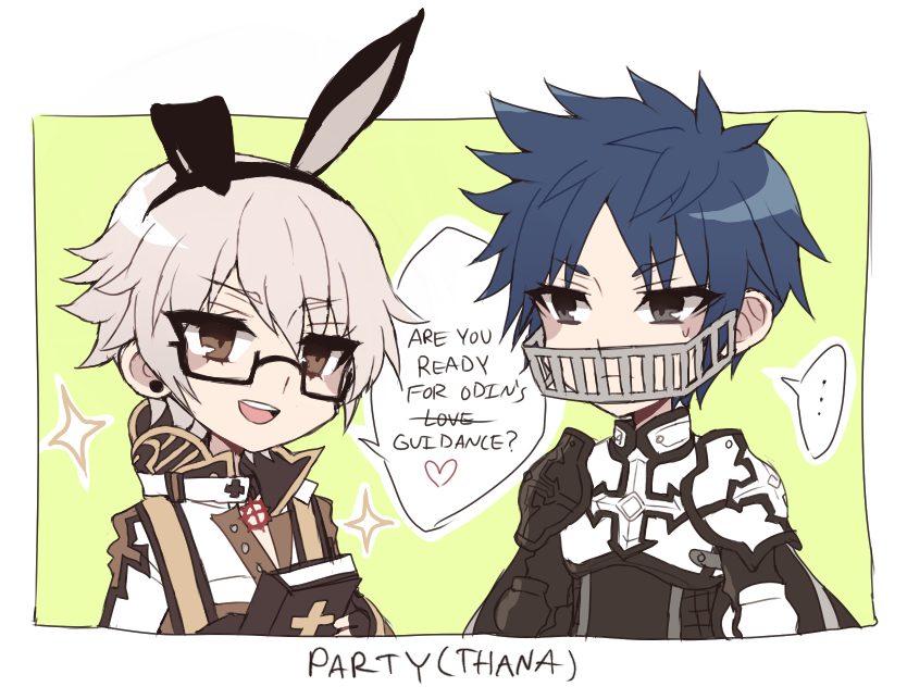 arch bishop (ragnarok online), lord knight (ragnarok online), ragnarok online, commentary, english commentary, …, 2boys, animal ears, armor, astrarunia, black-framed eyewear, black cape, black gloves, blue hair, book, breastplate, brown eyes, cape, closed mouth, cross of prontera, earrings, english text, expressionless, fake animal ears, fingerless gloves, glasses, gloves, green background, grey eyes, grey hair, holding, holding book, jacket, jewelry, looking at viewer, male focus, mouth guard, multiple boys, open mouth, pauldrons, rabbit ears, short hair, shoulder armor, smile, spoken ellipsis, stud earrings, upper body, white jacket