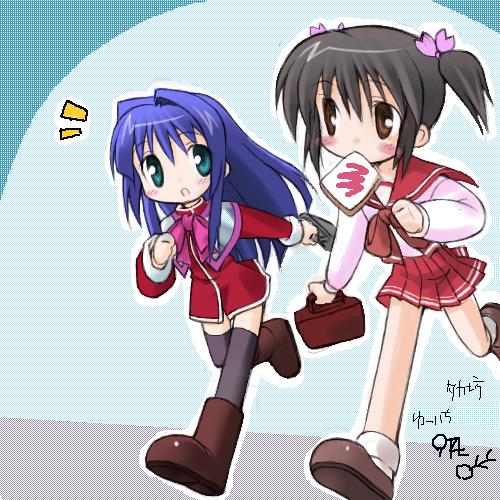 minase nayuki, yuzuhara konomi, kanon, to heart (series), to heart 2, lowres, 00s, 2girls, crossover, mouth hold, multiple girls, red skirt, skirt, thighhighs