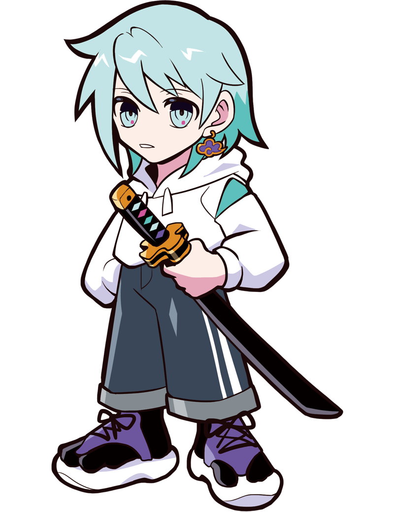 puppeteer7777, crazy raccoon, official art, second-party source, 1boy, akame (crazy racoon), anime coloring, aqua eyes, aqua hair, aqua shirt, aqua undershirt, black socks, blue pants, clothing cutout, cloud earrings, cross-laced sandals, double vertical stripe, drawstring, earrings, facing viewer, full body, hair behind ear, hair between eyes, holding, holding sword, holding weapon, hood, hood down, hoodie, hoodie tucked in, jewelry, katana, long sleeves, male focus, medium hair, multicolored hair, pants, platform sandals, print pants, purple sandals, sandals, sheath, sheathed, shirt, shoulder cutout, socks, solo, straight hair, striped clothes, striped pants, sword, tabi, tachi-e, thick lineart, toe socks, transparent background, two-tone hair, two-tone sandals, vertical-striped clothes, vertical-striped pants, weapon, white hood, white hoodie, white sandals, white sleeve cuffs, white sleeves