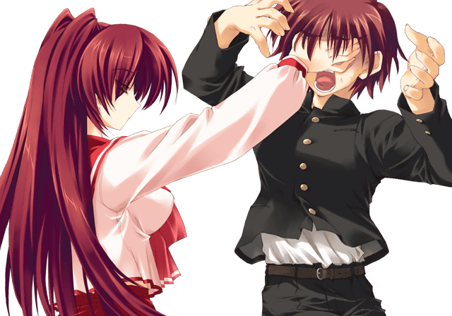 amazuyu tatsuki, mitsumi misato, kousaka tamaki, kousaka yuuji, to heart (series), to heart 2, game cg, 00s, 1boy, 1girl, :o, annoyed, arm up, belt, bow, breasts, brother and sister, brown eyes, buttons, closed mouth, covering own eyes, covering privates, cowboy shot, eyes visible through hair, from side, gakuran, half-closed eyes, hand on another's face, hand up, high collar, iron claw, large breasts, long hair, long sleeves, midriff peek, open mouth, outstretched arm, pants, parted bangs, pleated skirt, profile, red hair, school uniform, serafuku, shirt, short hair, siblings, skirt, surprised, surprised arms, sweatdrop, template, transparent background, very long hair
