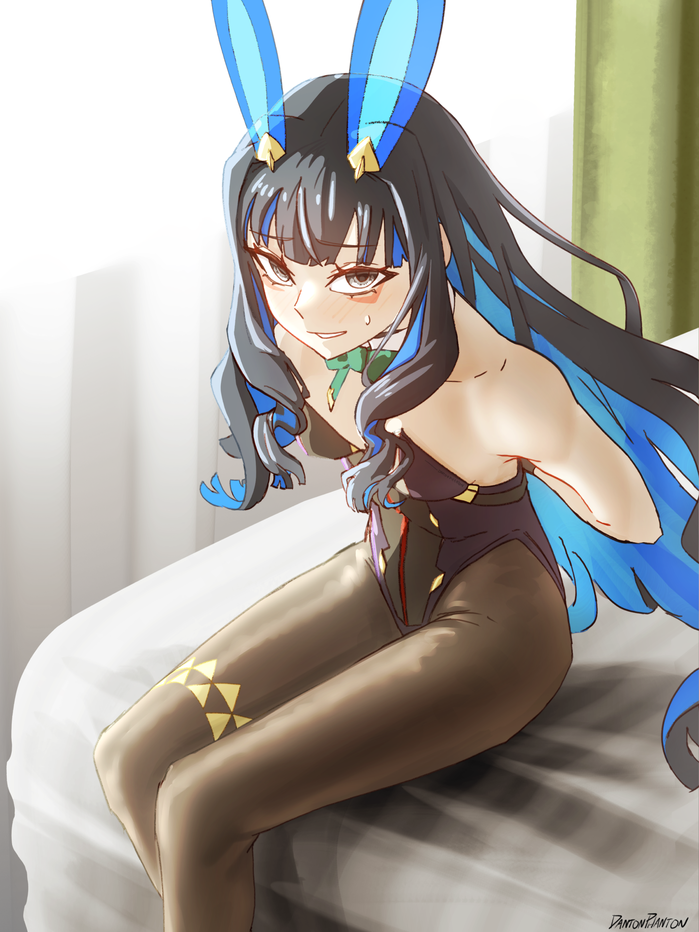 dantonphanton, tenochtitlan (fate), tenochtitlan (swimsuit mooncancer) (third ascension) (fate), fate/grand order, fate (series), tenochtitlan (swimsuit mooncancer) (fate), highres, 1girl, arms behind back, bare shoulders, black hair, black leotard, blue hair, blush, breasts, brown pantyhose, colored inner hair, eyeliner, grey eyes, leotard, long hair, looking at viewer, makeup, multicolored hair, pantyhose, playboy bunny, sitting, small breasts, smile, solo