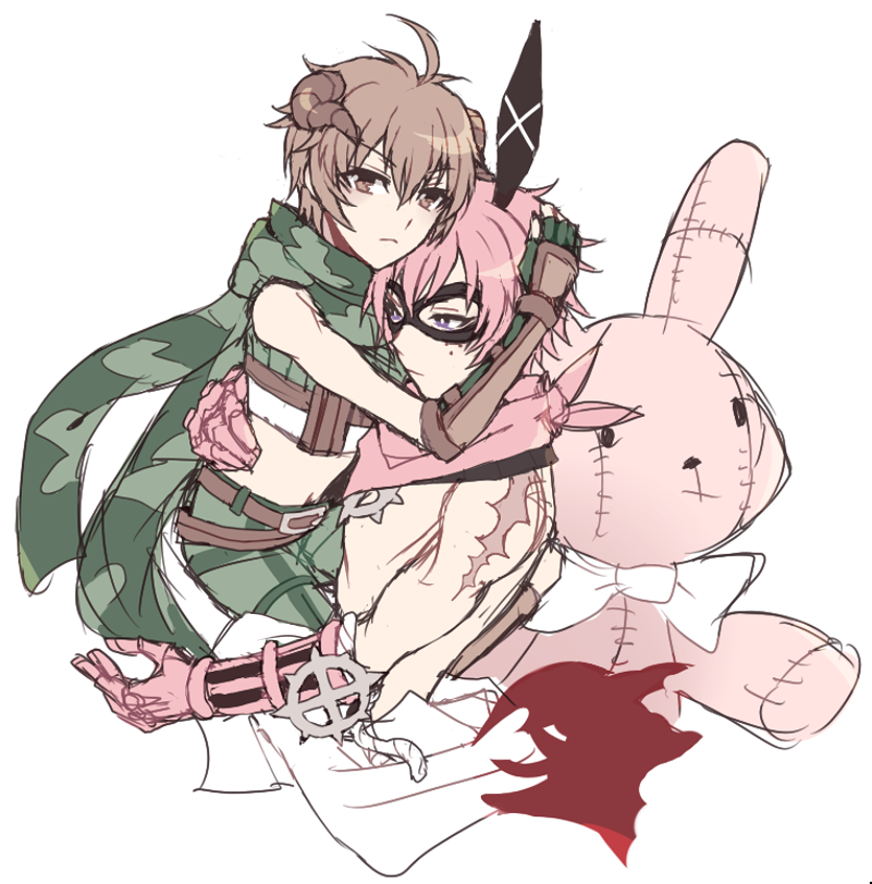 ranger (ragnarok online), sura (ragnarok online), ragnarok online, commentary, english commentary, 2boys, animal ears, astrarunia, brown eyes, brown hair, brown horns, camouflage scarf, closed mouth, crop top, expressionless, eye mask, fake animal ears, fingerless gloves, gauntlets, gloves, green gloves, green scarf, green shirt, horns, hug, looking at viewer, male focus, multiple boys, pink hair, pink scarf, purple eyes, rabbit ears, scarf, shirt, short hair, simple background, sleeveless, sleeveless shirt, stuffed animal, stuffed rabbit, stuffed toy, topless male, upper body, white background, yaoi