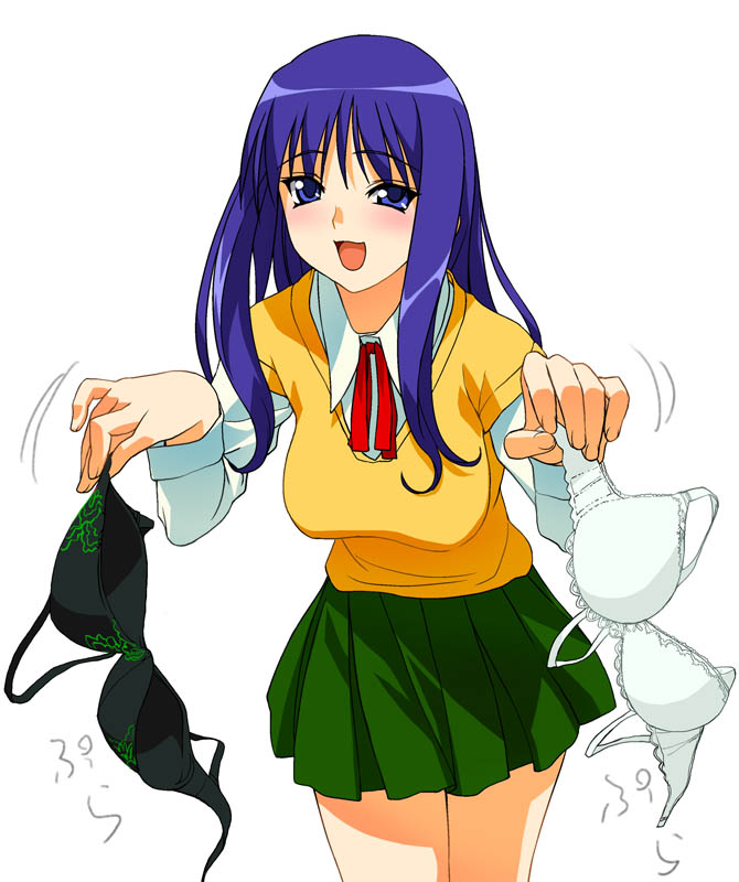 a1 (initial-g), kurusugawa ayaka, to heart, to heart (series), 1girl, blue eyes, blue hair, bra, female focus, lingerie, long hair, matching hair/eyes, pleated skirt, school uniform, serafuku, skirt, solo, sweater vest, underwear, vest