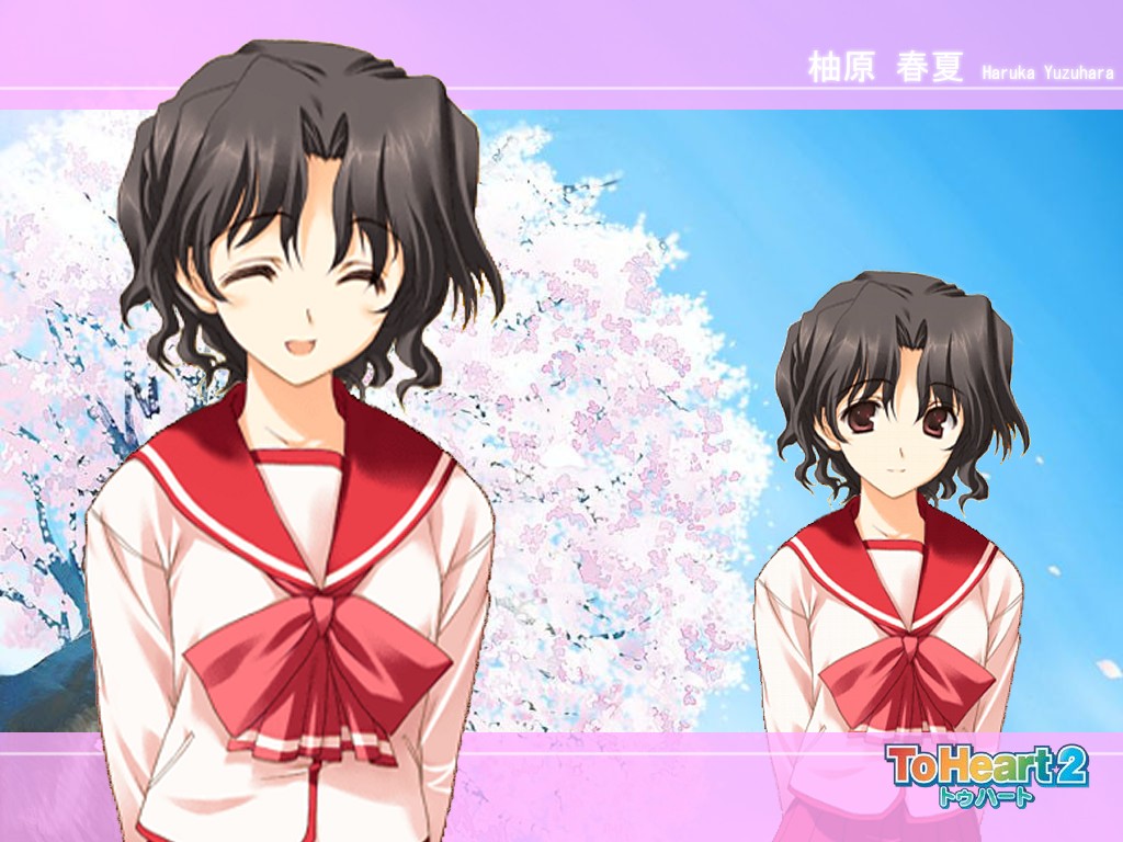 mitsumi misato, yuzuhara haruka, to heart (series), to heart 2, jpeg artifacts, official art, official wallpaper, third-party edit, 00s, 1girl, :d, ^ ^, aged down, arms behind back, black hair, blurry, blush, bow, breasts, character name, cherry blossoms, closed eyes, closed mouth, copyright name, day, happy, letterboxed, light smile, logo, long sleeves, looking at viewer, multiple views, open mouth, outdoors, parted bangs, petals, pink bow, pleated skirt, pocket, purple eyes, red skirt, school uniform, serafuku, shirt, short hair, skirt, sky, small breasts, smile, transparent, tree, wavy hair, white shirt