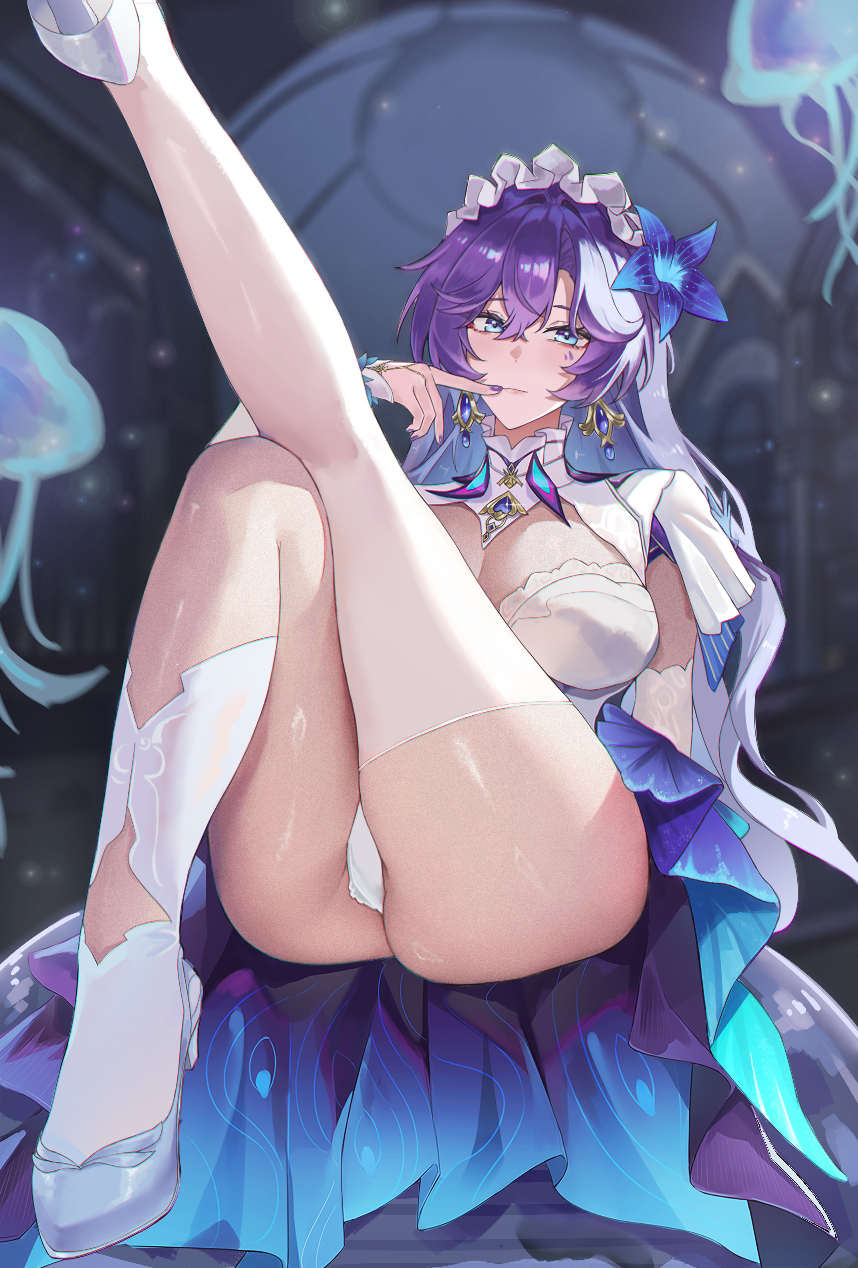 a-chuang, cantarella (wuthering waves), wuthering waves, absurdres, commentary, highres, 1girl, asymmetrical legwear, blue eyes, blue flower, blue hair, breasts, closed mouth, colored inner hair, crop top, earrings, facial mark, finger to mouth, flower, hair between eyes, hair flower, hair ornament, headdress, high heels, jellyfish, jewelry, large breasts, leg up, legwear cutout, long hair, looking at viewer, mark under eye, multicolored hair, nail polish, panties, purple hair, purple nails, shoes, shrug (clothing), single thighhigh, sitting, socks, solo, thighhighs, thighs, underwear, uneven legwear, very long hair, white panties, white shoes, white shrug, white socks, white thighhighs