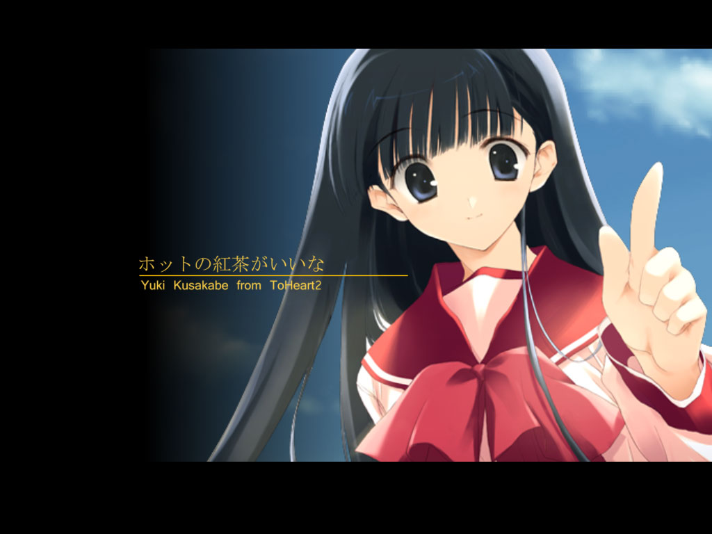 kusakabe yuuki (to heart 2), to heart (series), to heart 2, 00s, 1girl, black hair, blue eyes, bow, female focus, letterboxed, long hair, long sleeves, looking at viewer, pointing, sailor collar, school uniform, smile, solo, very long hair