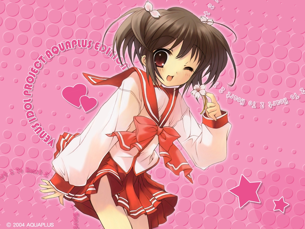 ito noizi, yuzuhara konomi, to heart (series), to heart 2, 00s, 1girl, ;d, blush, brown eyes, cowboy shot, female focus, flower, hair ribbon, heart, holding, holding flower, long sleeves, looking at viewer, one eye closed, open mouth, red eyes, red skirt, ribbon, sailor collar, school uniform, shirt, short hair, skirt, smile, solo, two side up, white shirt