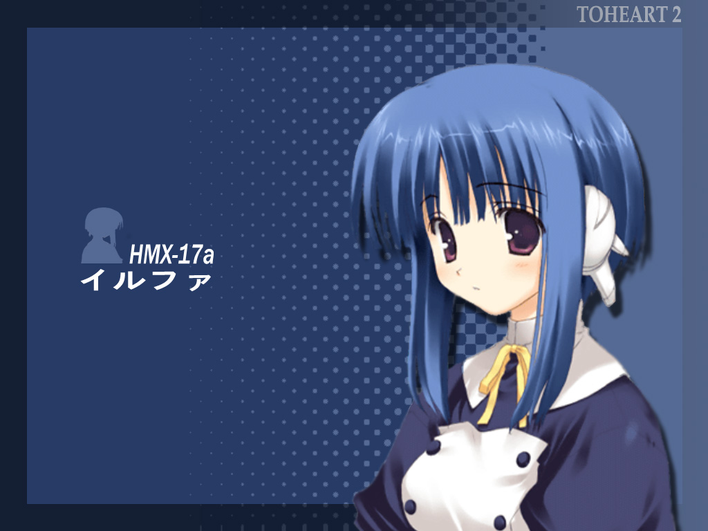 amazuyu tatsuki, ilfa (to heart), to heart (series), to heart 2, 00s, 1girl, blue background, blue hair, blush, border, buttons, character name, copyright name, female focus, headgear, looking at viewer, red eyes, ribbon, robot ears, short hair, sidelocks, simple background, solo