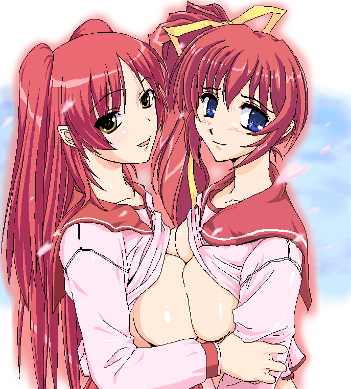kousaka tamaki, takase mizuki, comic party, to heart (series), to heart 2, 00s, 2girls, blush, bow, breast press, breasts, clothes lift, large breasts, long sleeves, looking at viewer, multiple girls, no bra, red hair, school uniform, serafuku, shirt lift, symmetrical docking, yellow bow, yuri