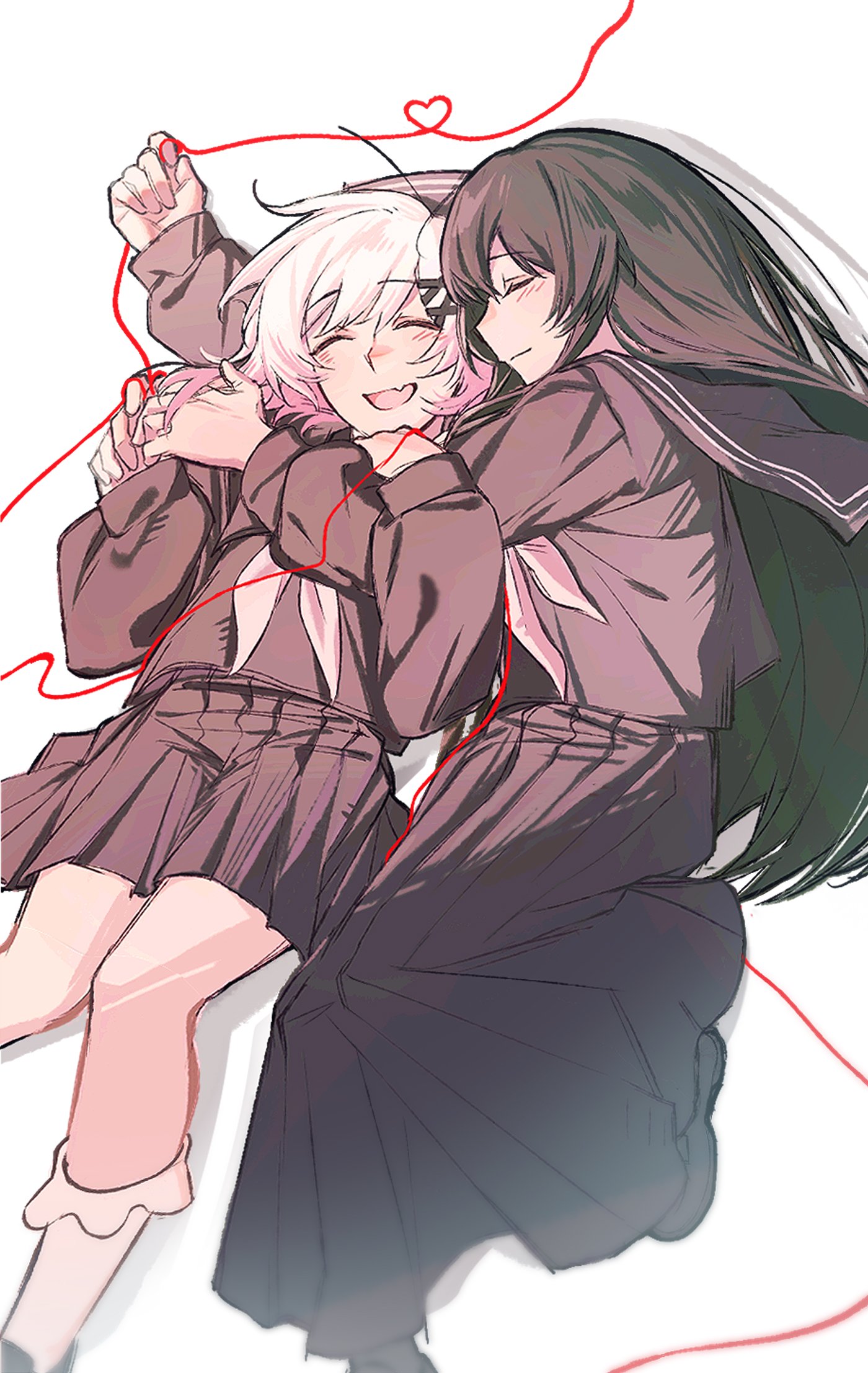 nikaidou hiro, sakuraba ema, mahou shoujo no majo saiban, commentary request, highres, 2girls, black hair, black serafuku, black shirt, black skirt, blush, closed eyes, closed mouth, cuddling, fang, heart, heart of string, heihuamu1, long hair, multiple girls, necktie, open mouth, pink hair, pink necktie, pleated skirt, school uniform, serafuku, shirt, simple background, skin fang, skirt, smile, string, string of fate, white background, yuri