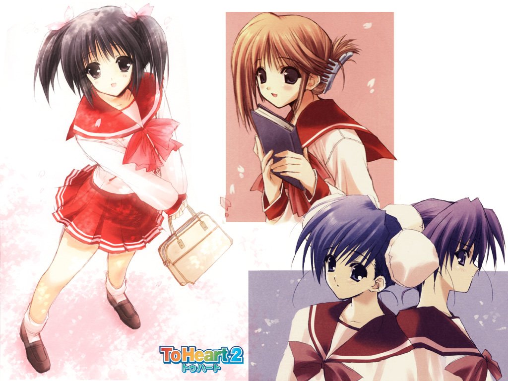 suzuhira hiro, himeyuri ruri, himeyuri sango, komaki manaka, yuzuhara konomi, to heart (series), to heart 2, 00s, 4girls, bun cover, double bun, folded ponytail, hair bun, multiple girls, pleated skirt, school uniform, serafuku, skirt