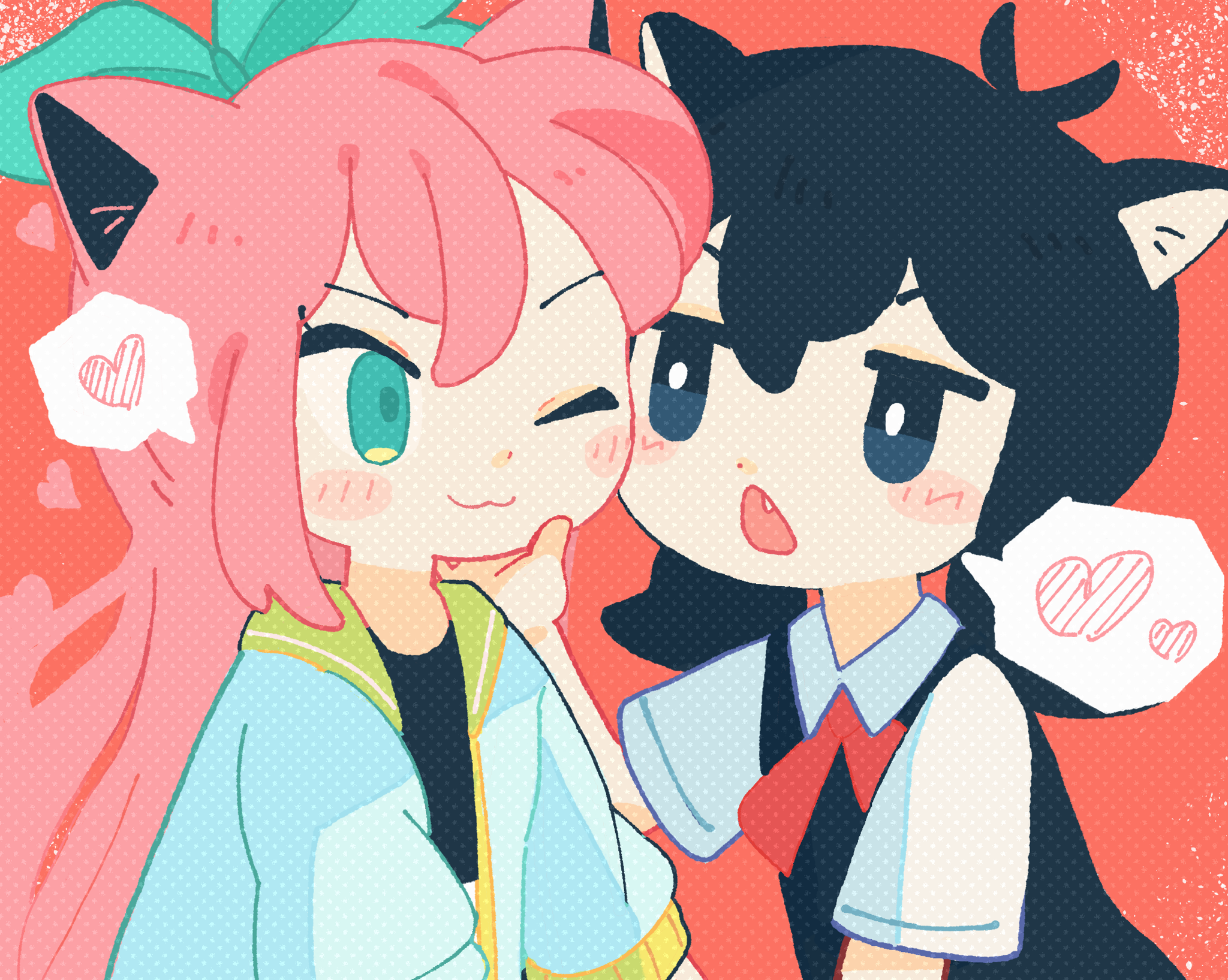 hishimatope, aubrey (faraway) (omori), aubrey (omori), sunny (omori), omori, highres, 2girls, :3, animal ears, antenna hair, bow hairband, bright pupils, cat ears, closed mouth, collared shirt, fang, genderswap, genderswap (mtf), hairband, heart, jacket, long hair, looking at another, low twintails, medium hair, multiple girls, open mouth, pink hair, shirt, short twintails, speech bubble, spoken heart, twintails, white jacket, white pupils, white shirt